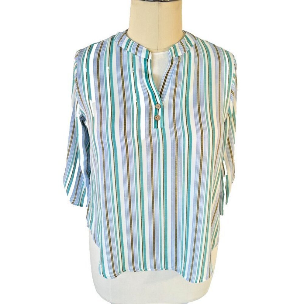 Juniper+Lime - Women's XL Blouse Striped Mandarin Collar Henley Neck Balloon Slv